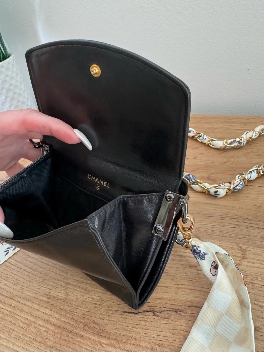 Authentic Vintage Chanel CC Wallet On Chain Crossbody Bag Black Lambskin Leather